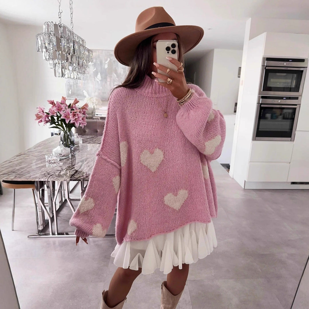 Women’S Chunky Knitted Sweater with Heart Motifs and Casual Fit Lune London