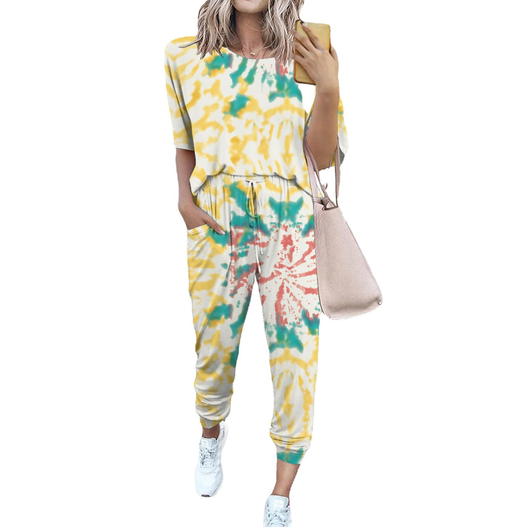 Ladies lightweight casual jumpsuit with a striking tie-dye pattern and practical pockets Lune London