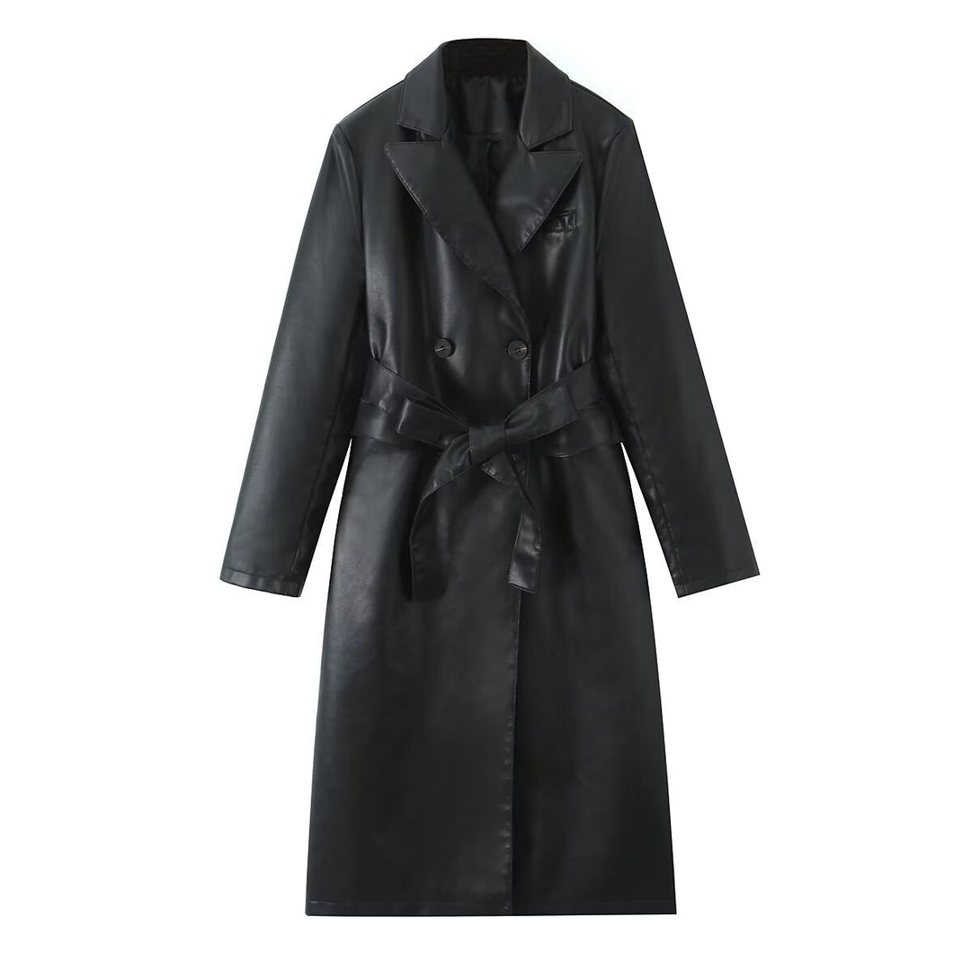 Women's faux leather trench coat with belted waist and double-breasted buttons Lune London