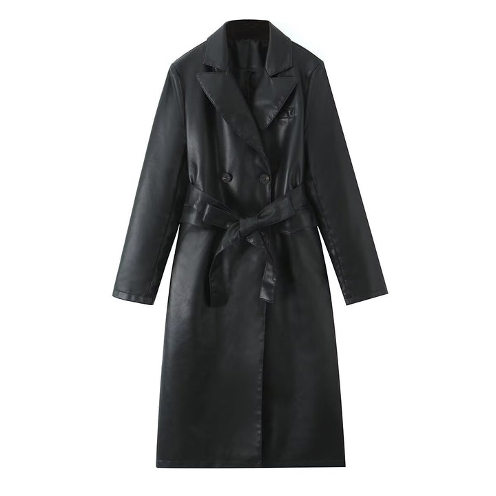 Women's faux leather trench coat with belted waist and double-breasted buttons Lune London