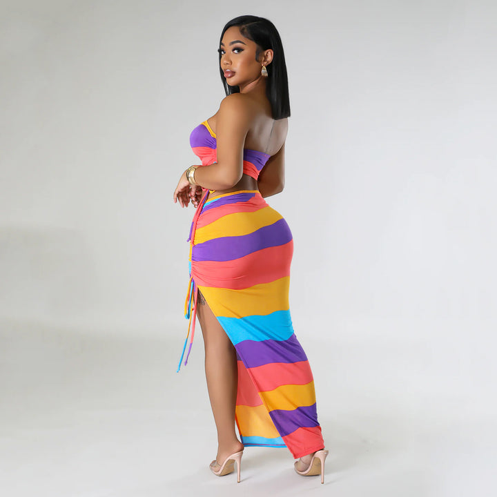 Women Colorful Chic Two-Piece Maxi Dress Set