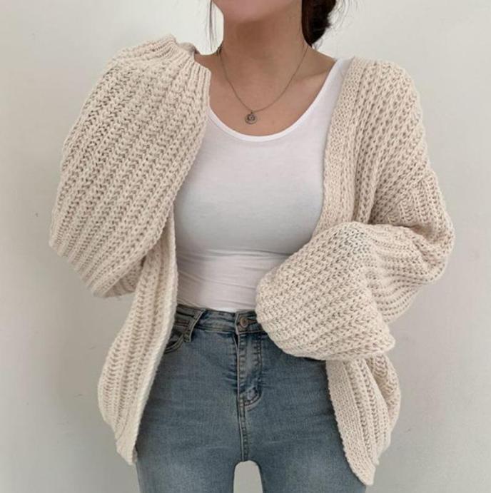 Oversized thick knit cardigan for women with deep V-neck Lune London