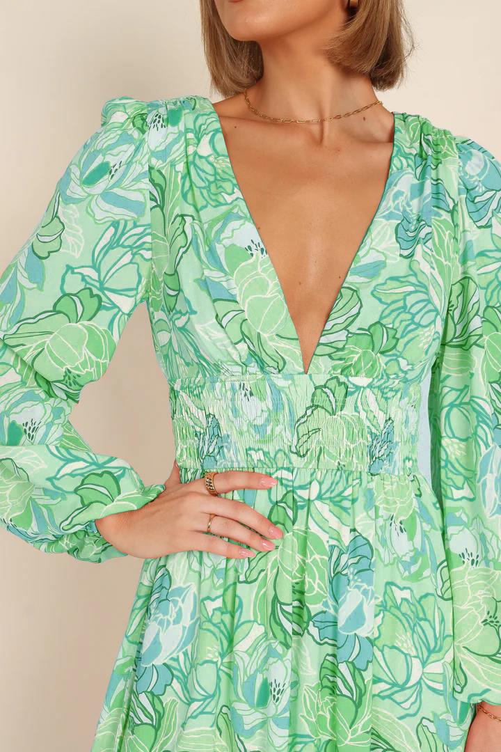 Floral print summer dress for women with deep V-neck and puff sleeves Lune London