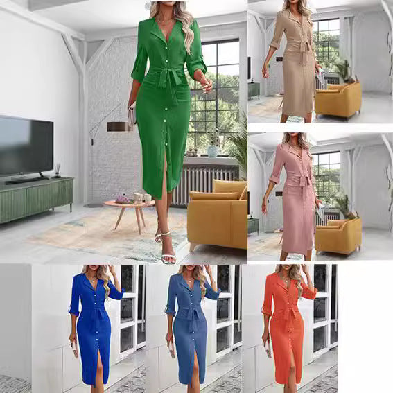 Women Elegant Midi Dress with Belt and Chic Button Detail