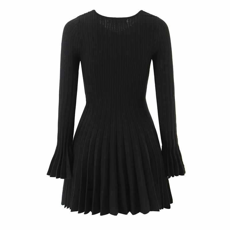 Knitted dress for ladies with pleats and elegant keyhole neckline Lune London