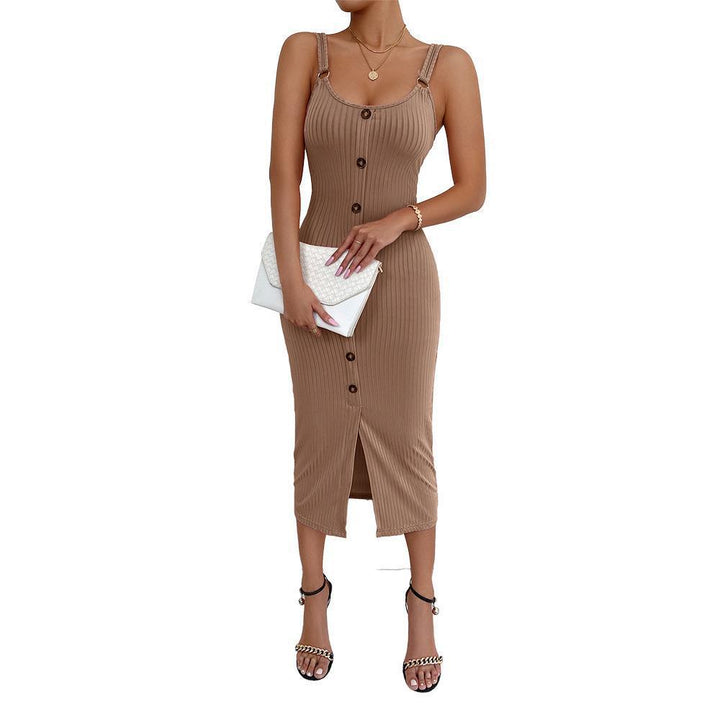Women's knee-length fitted dress with button placket and slit Lune London