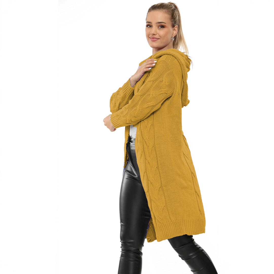Knit coat for women with hood and elaborate braid pattern structure Lune London