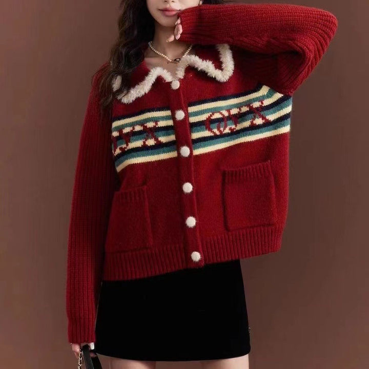 Knit jacket for women with a colorful pattern and a fluffy collar Lune London