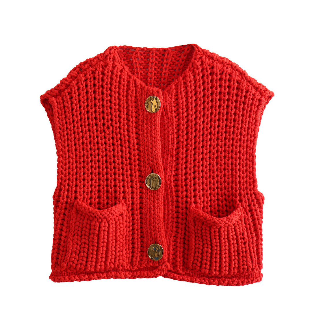 Knitted vest for women with decorative buttons and practical pockets Lune London