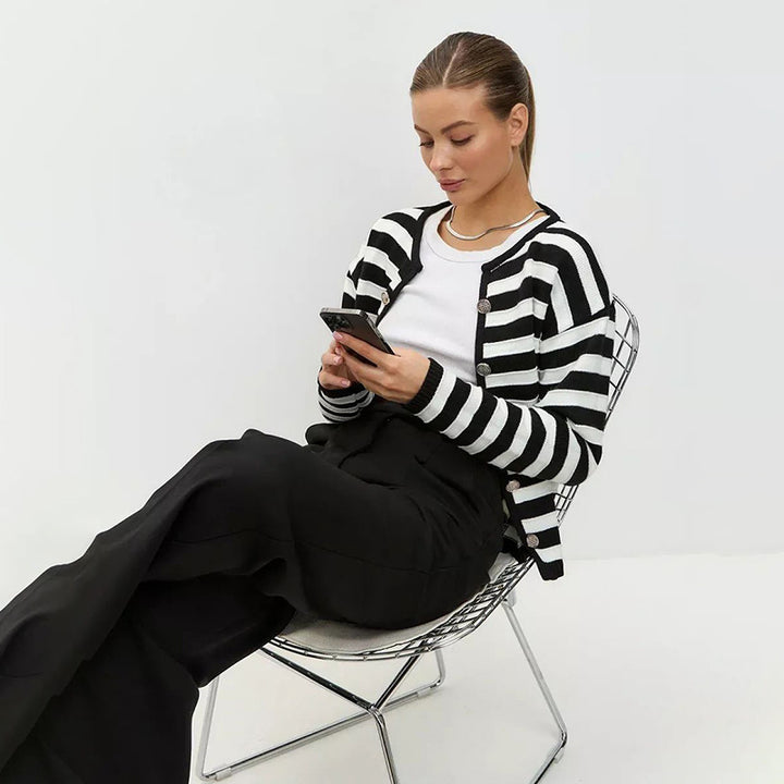 Knitted jacket for women with a trendy striped pattern and elegant buttons Lune London