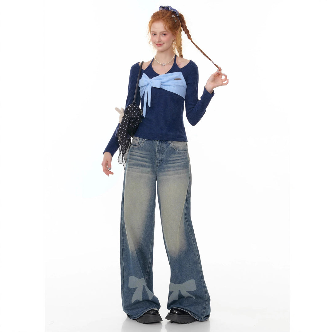 Women's Wide Denim Pants with Exciting Bow Details Lune London