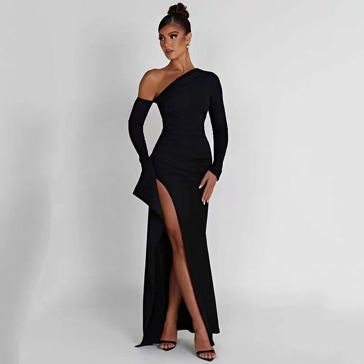 One-shoulder evening dress with high slit Lune London