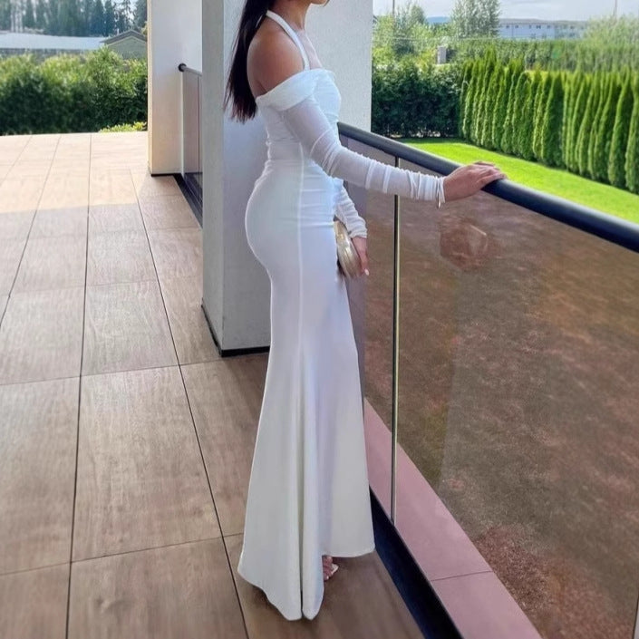 Ladies Elegant Maxi Dress Off-Shoulder with Thin Spaghetti Straps and Chic Transparent Sleeves and Style