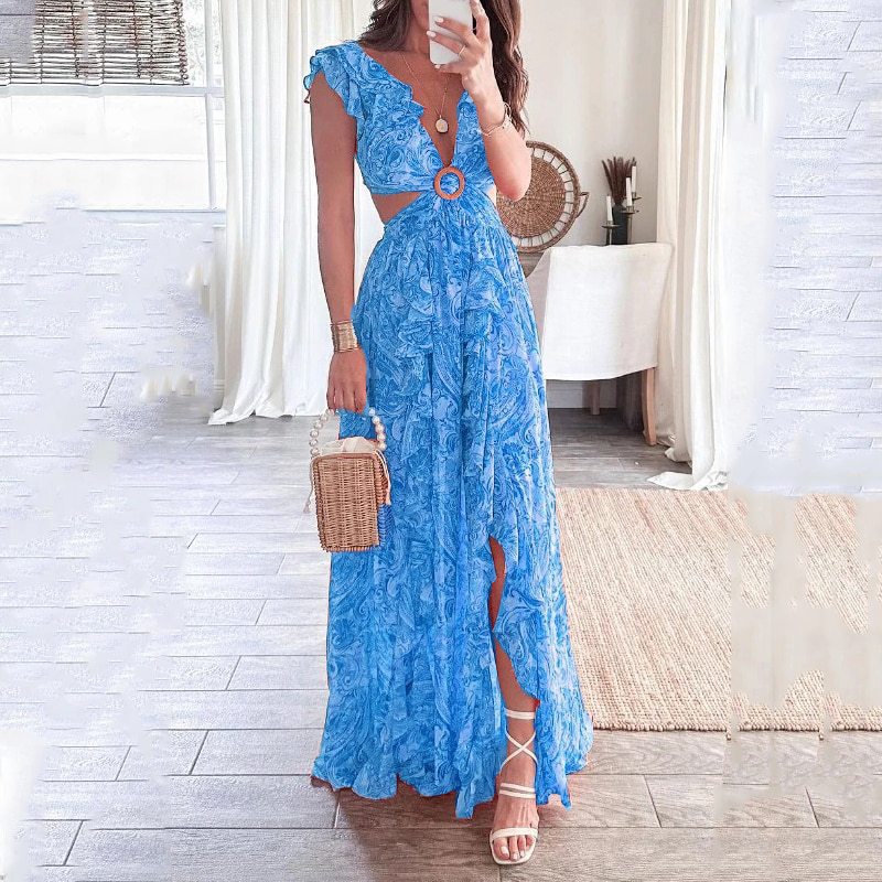 Robe maxi longue pour femmes avec design élégant à découpes et encolure à volants Chic & Stil