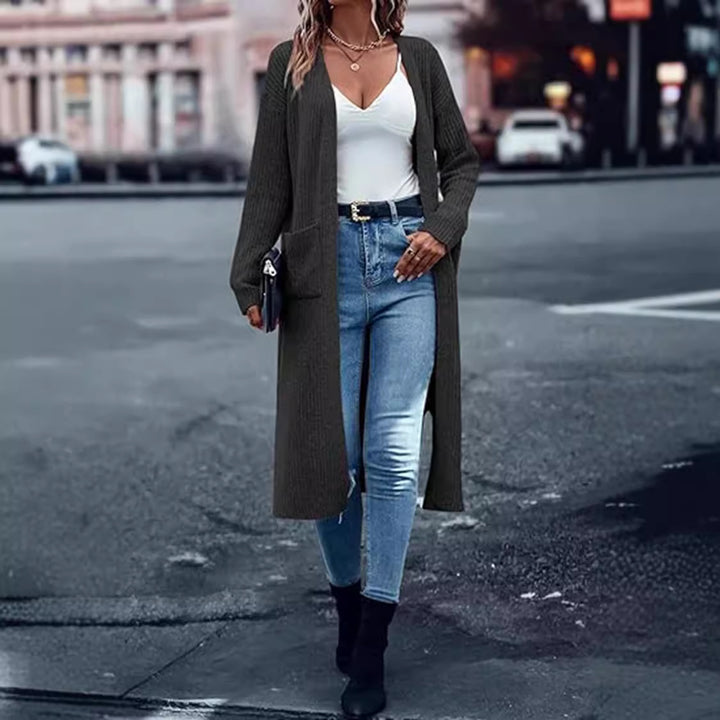 Knitted coat for women with open front parts and practical pockets Lune Londonl