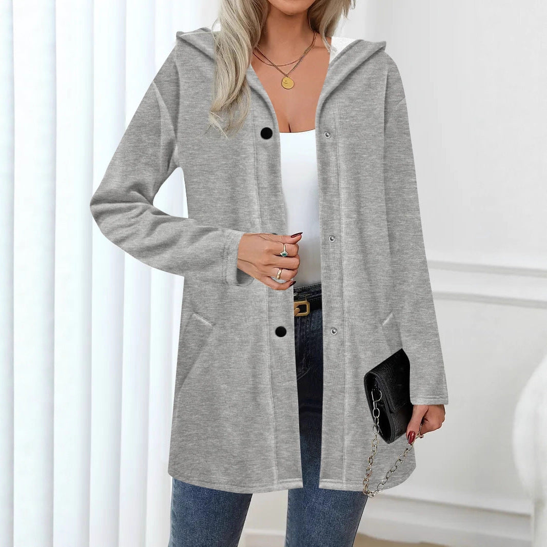 Ladies trendy long cardigan with hood and practical pockets Lune London