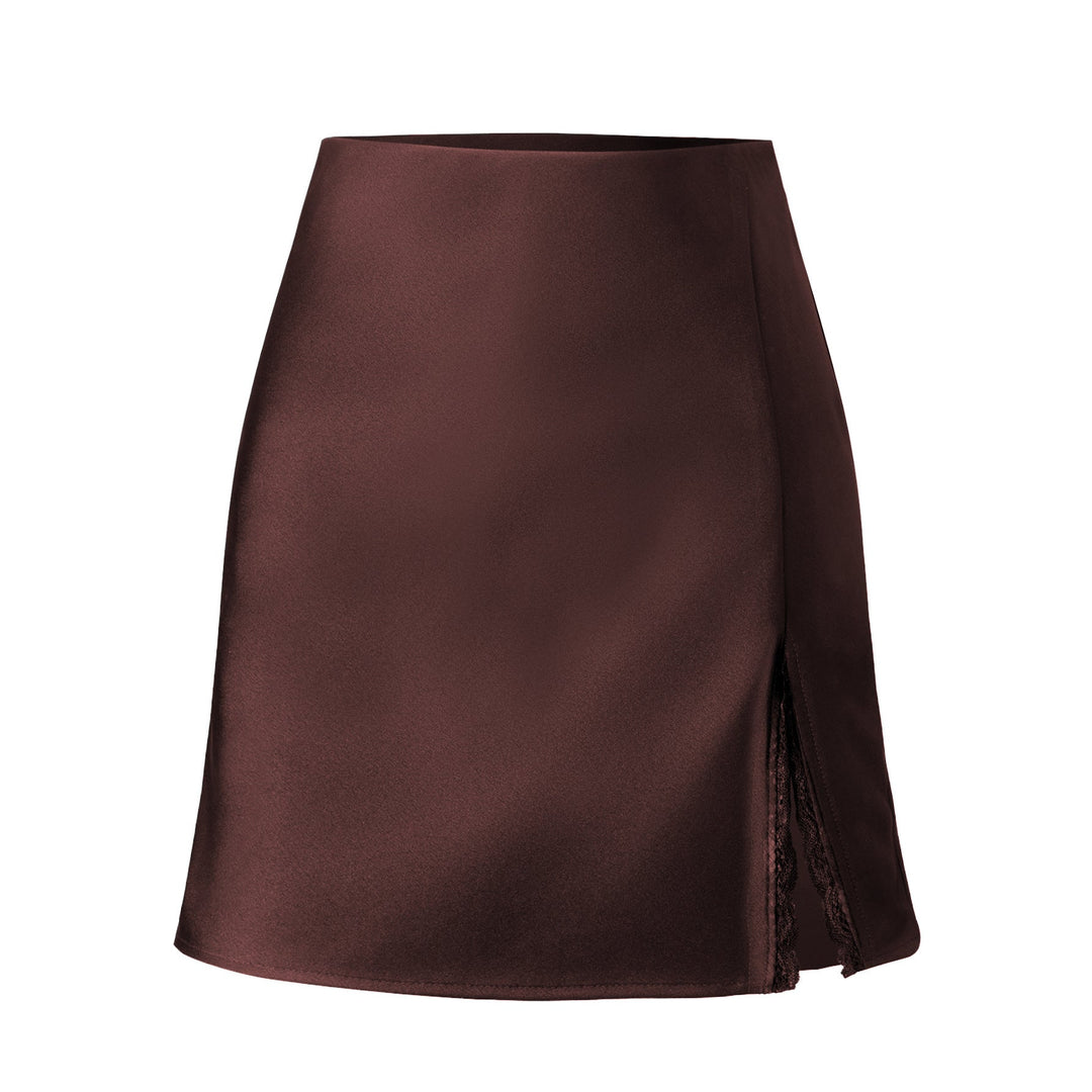 Women Satin Skirt with Side Slit and Lace Accents Lune London