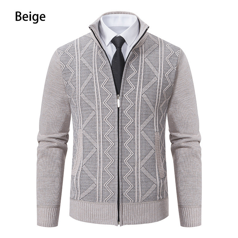 Men's knitted jacket with raised braid design and high funnel neck Lune London