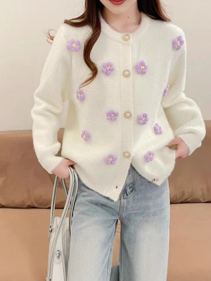 Knit jacket for women with delicate floral embroidery and pearl buttons Lune London