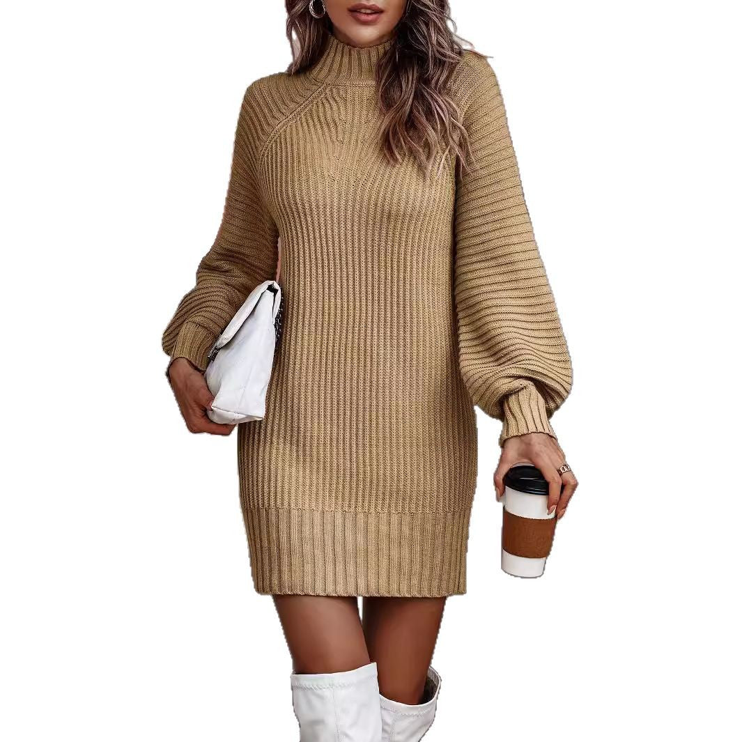 Chunky knit dress for women with wide turtleneck and puff sleeve details Lune London