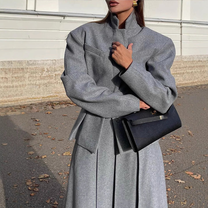 Ladies elegant oversized coat with high collar and structured sleeves Lune London