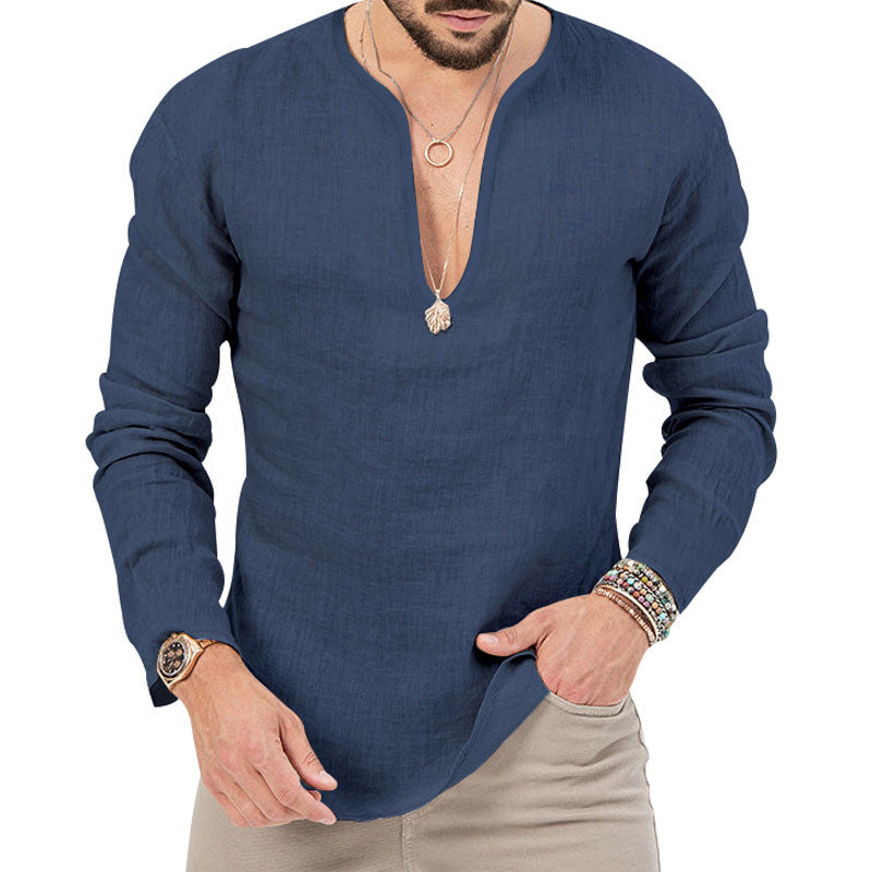 Men's casual linen shirt with deep V-neck and comfortable fit Lune London