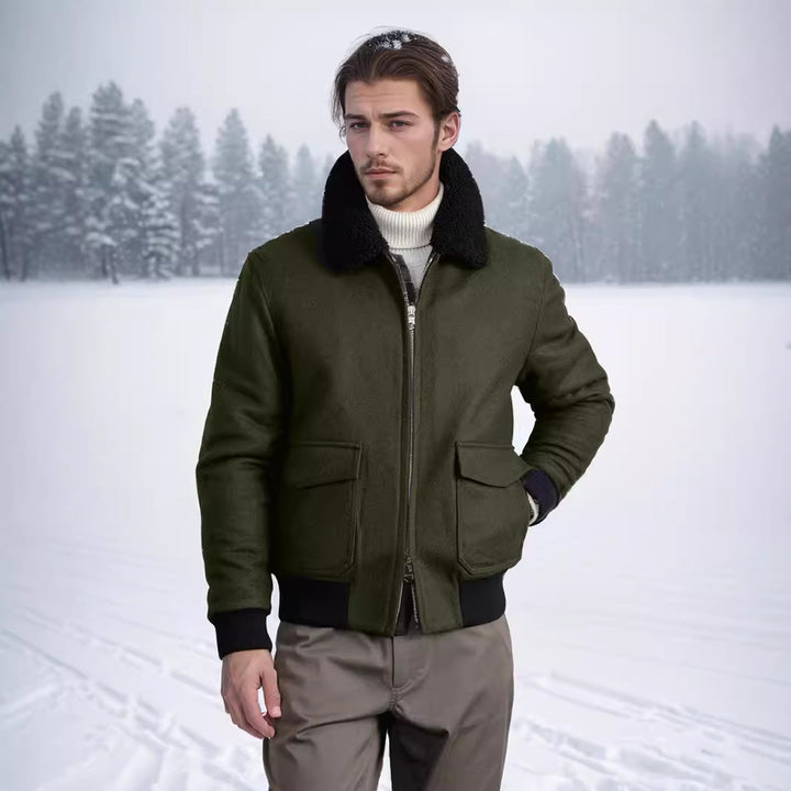 Soft winter jacket for men with faux fur collar and patch pockets Lune London