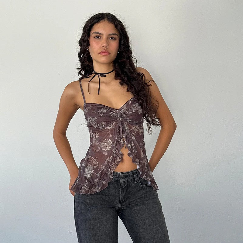Ladies Top Checked Ruffled Cami Lune London