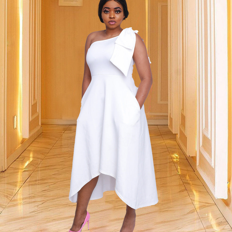 Asymmetrical cocktail dress for women with one strap and Lune London belt