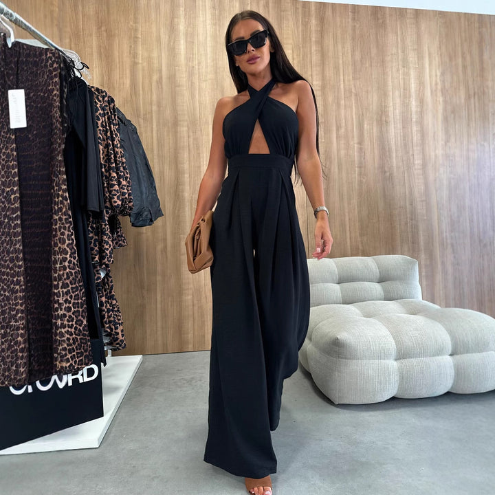 Ladies Cut-Out Halter Neck Wide Trousers Lune London