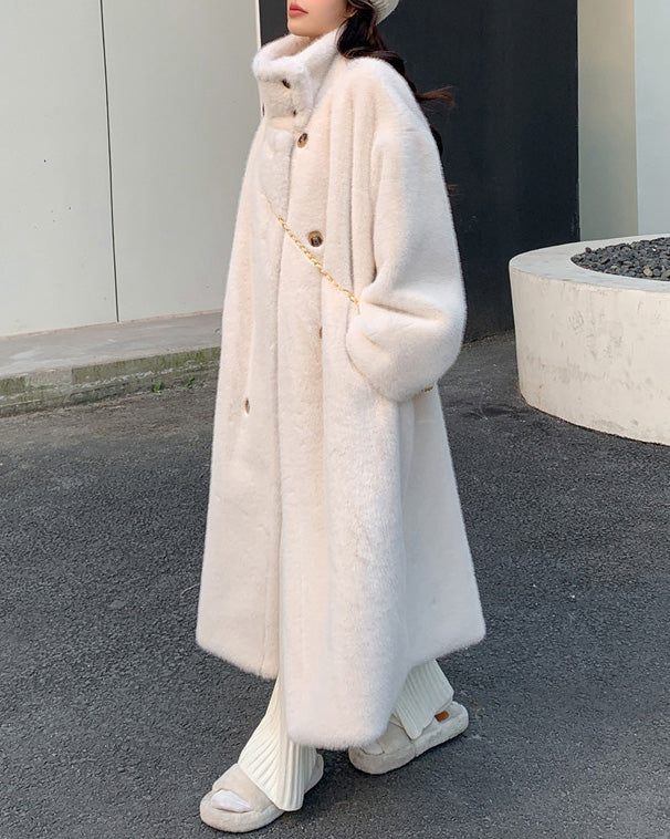 Lune London | Collar Double Breasted Faux Mink Fur Long Coat
