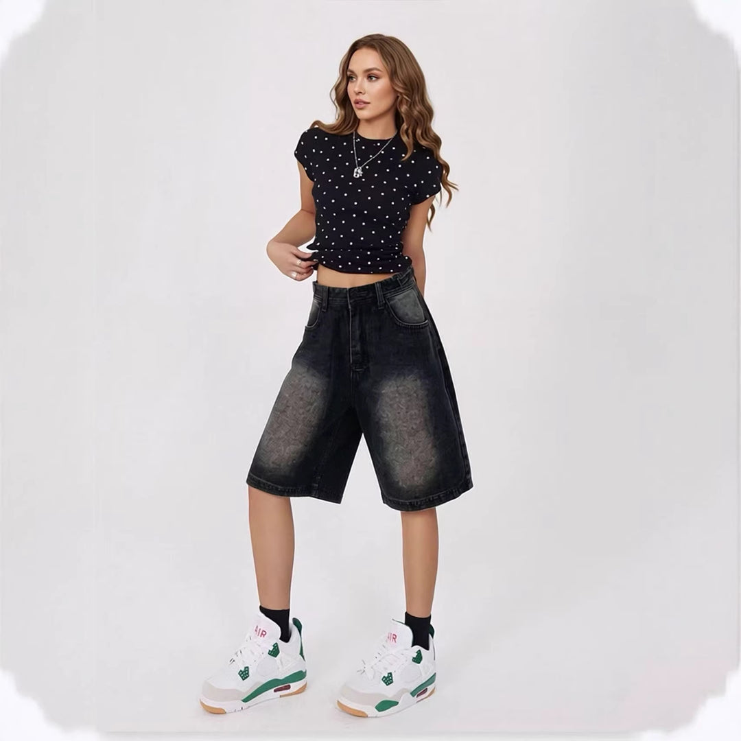 Women's casual denim shorts with high waist and wide cut Lune London