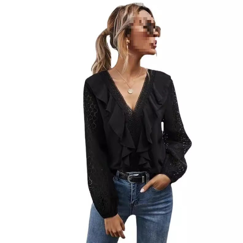 Ruffled blouse for women with transparent sleeves and delicate lace accents Lune London