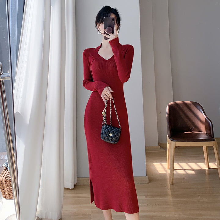 Robe longue à manches longues pour femmes avec décolleté en V et fente latérale Chic & Stil
