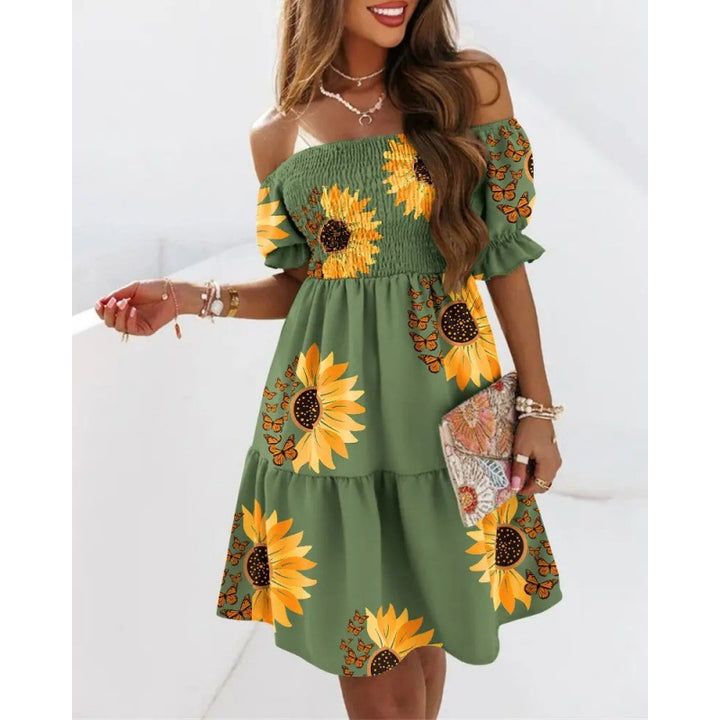 Floral ruffled dress with a neckline for women Lune London