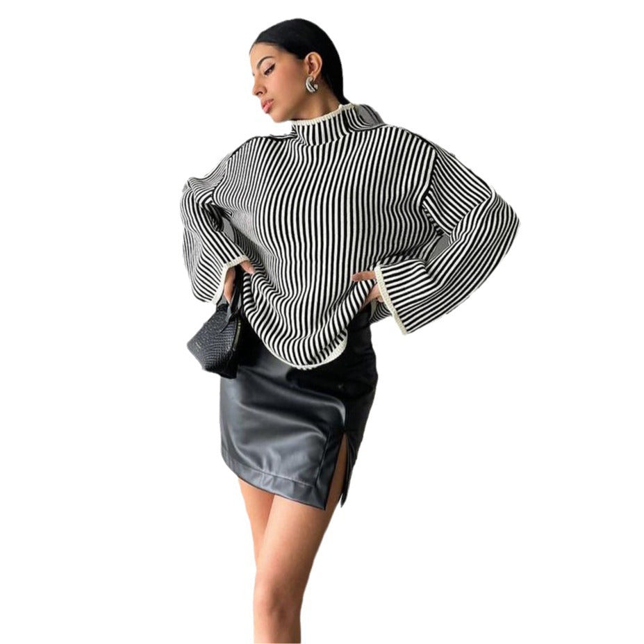 Knitted sweater for ladies with a relaxed high collar and chic elegant stripes
