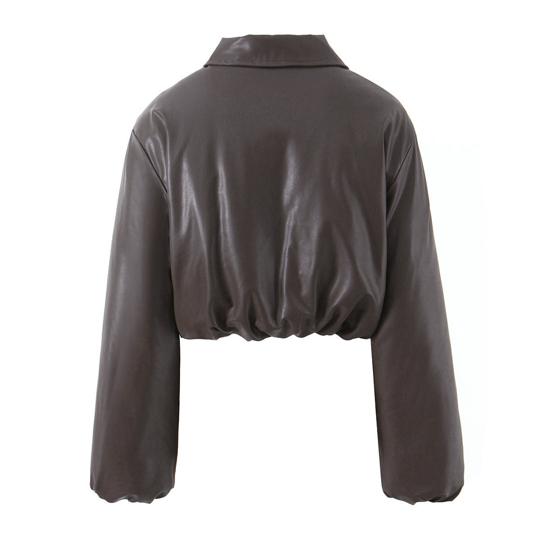 Cropped faux leather jacket for women with elastic waist and classic high collar Lune London