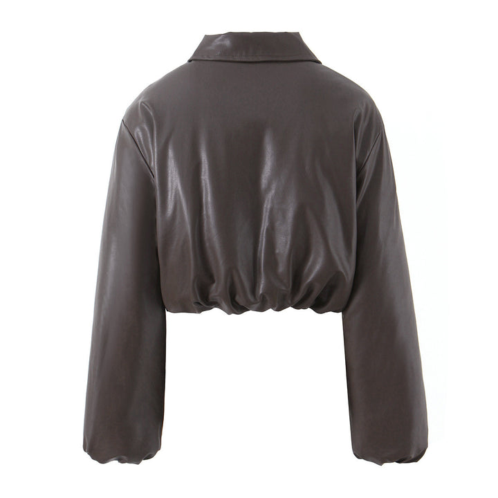 Cropped faux leather jacket for women with elastic waist and classic high collar Lune London