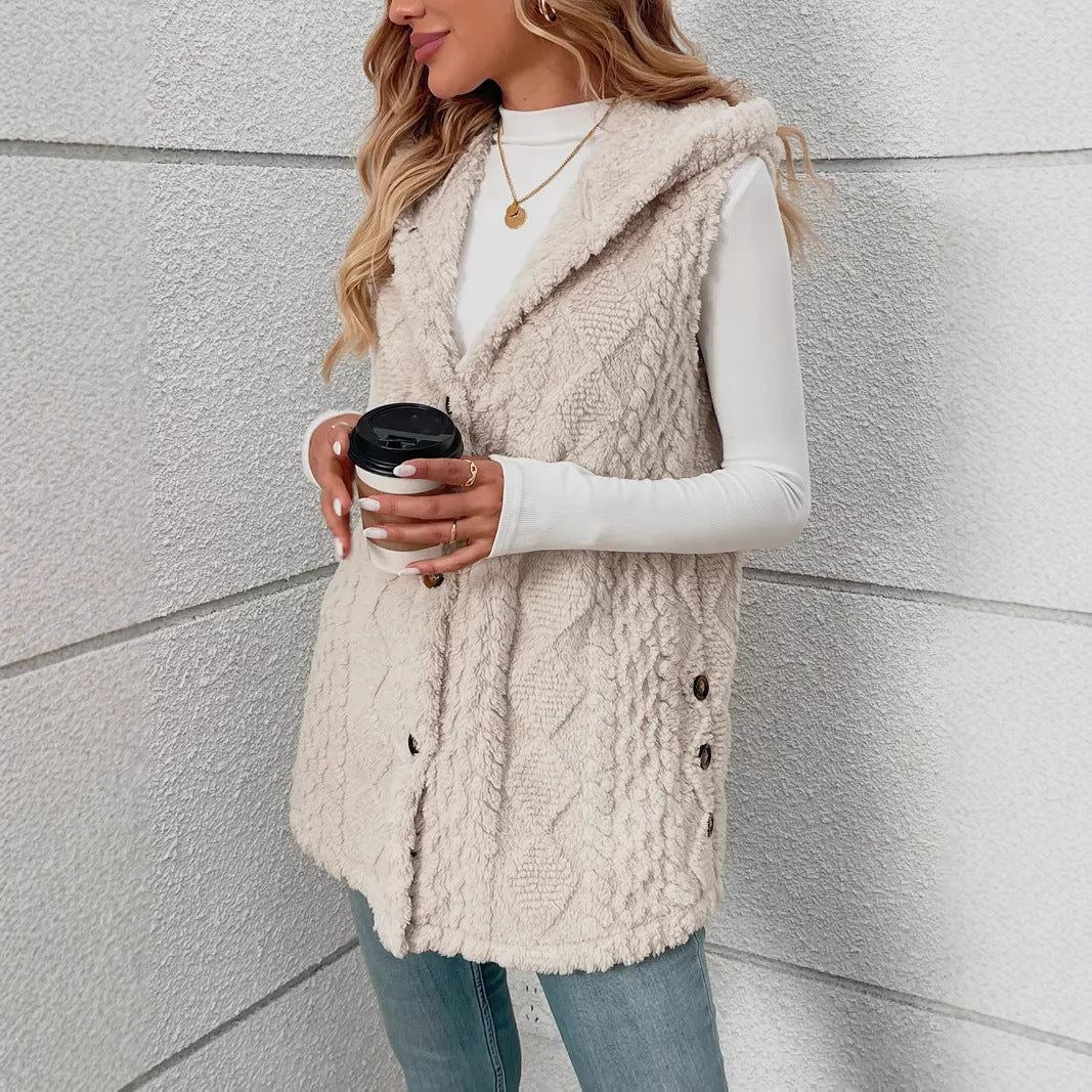 Fleece vest for women with hood and button closure Lune London