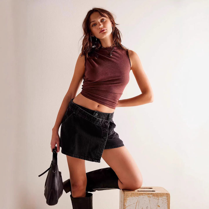 Women's fashionable A-line denim skirt with asymmetric button design and practical pockets Lune London