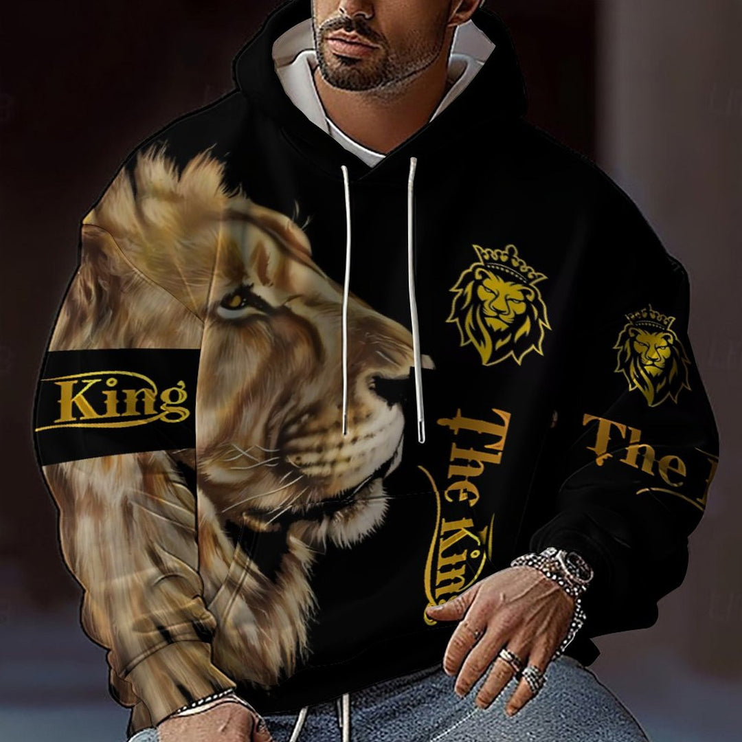 Men Motivated Hoodie Set and Jogging Pants with Chic Artistic Lion Print