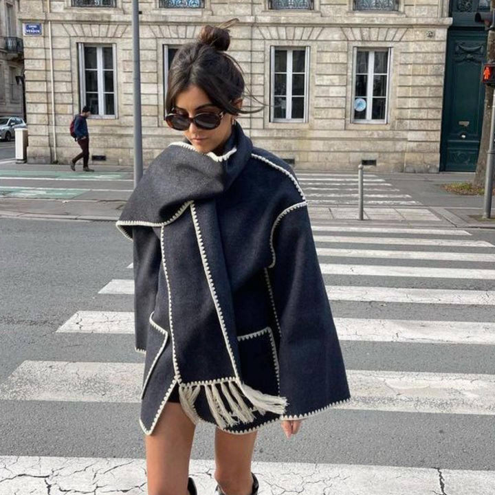 Elegant women's wool jacket with decorative fringed scarf Lune London