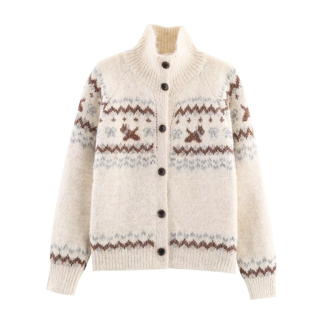 Women's cardigan with high collar and traditional Norwegian design Lune London