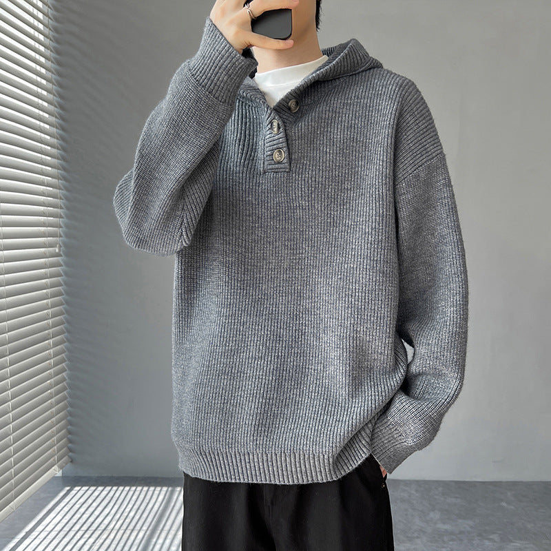 Men's knitted sweater with button placket and hood Lune London