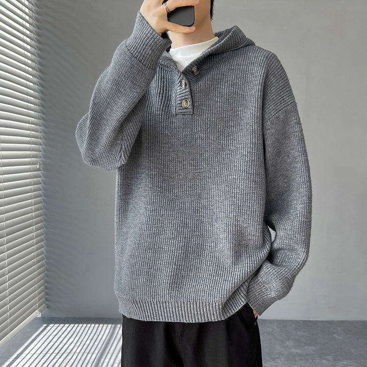 Men's knitted sweater with button placket and hood Lune London