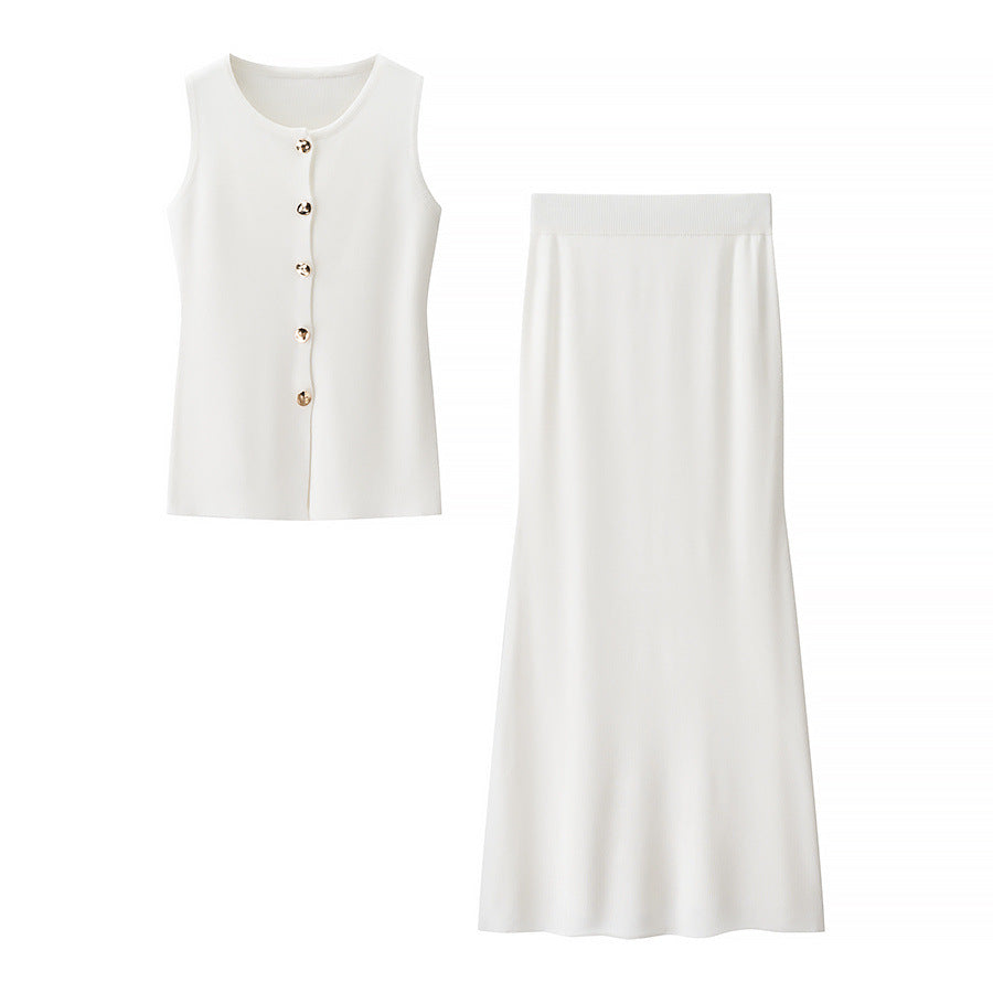 Women’s outfit including a sleeveless top with button details and a flared skirt Lune London