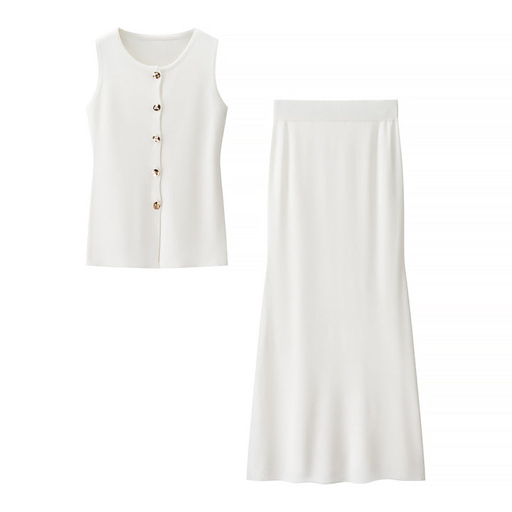 Women’s outfit including a sleeveless top with button details and a flared skirt Lune London