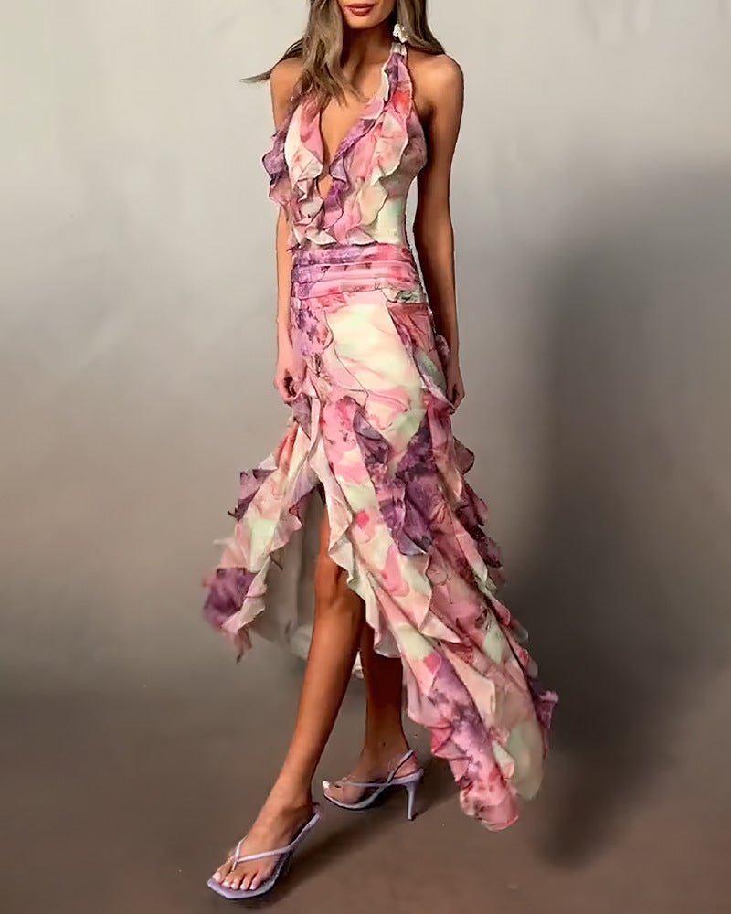 Women Elegant Maxi Dress with Ruffle Layers and Deep V-Neck Lune London