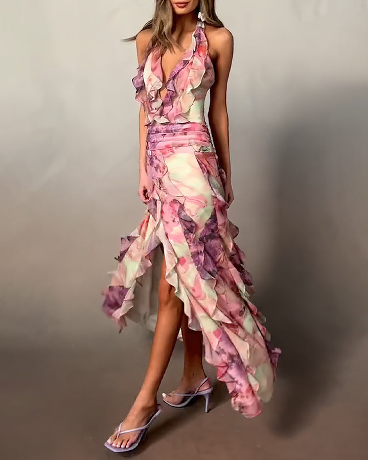 Women Elegant Maxi Dress with Ruffle Layers and Deep V-Neck Lune London