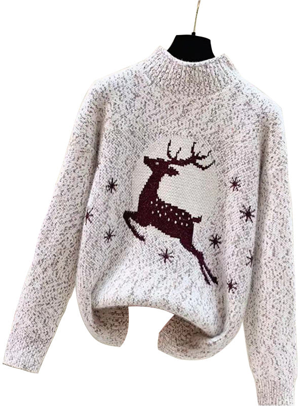Knitted women's sweater with festive reindeer pattern and high collar Lune London